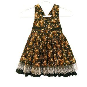 Vintage Girl's Green Corduroy Pinnafore Dress Lace Trim Floral Easter Size 3/4T